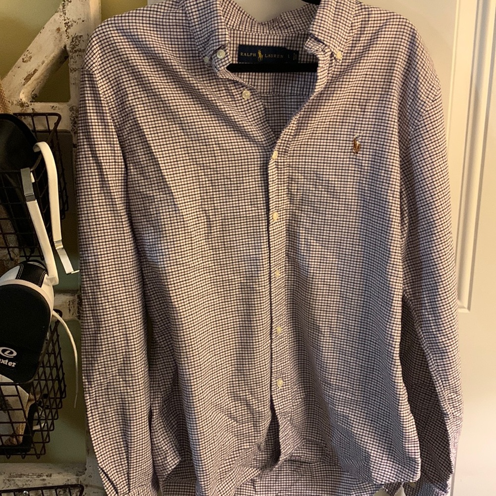 Mens blue and red striped polo long sleeve button up dress shirt size large